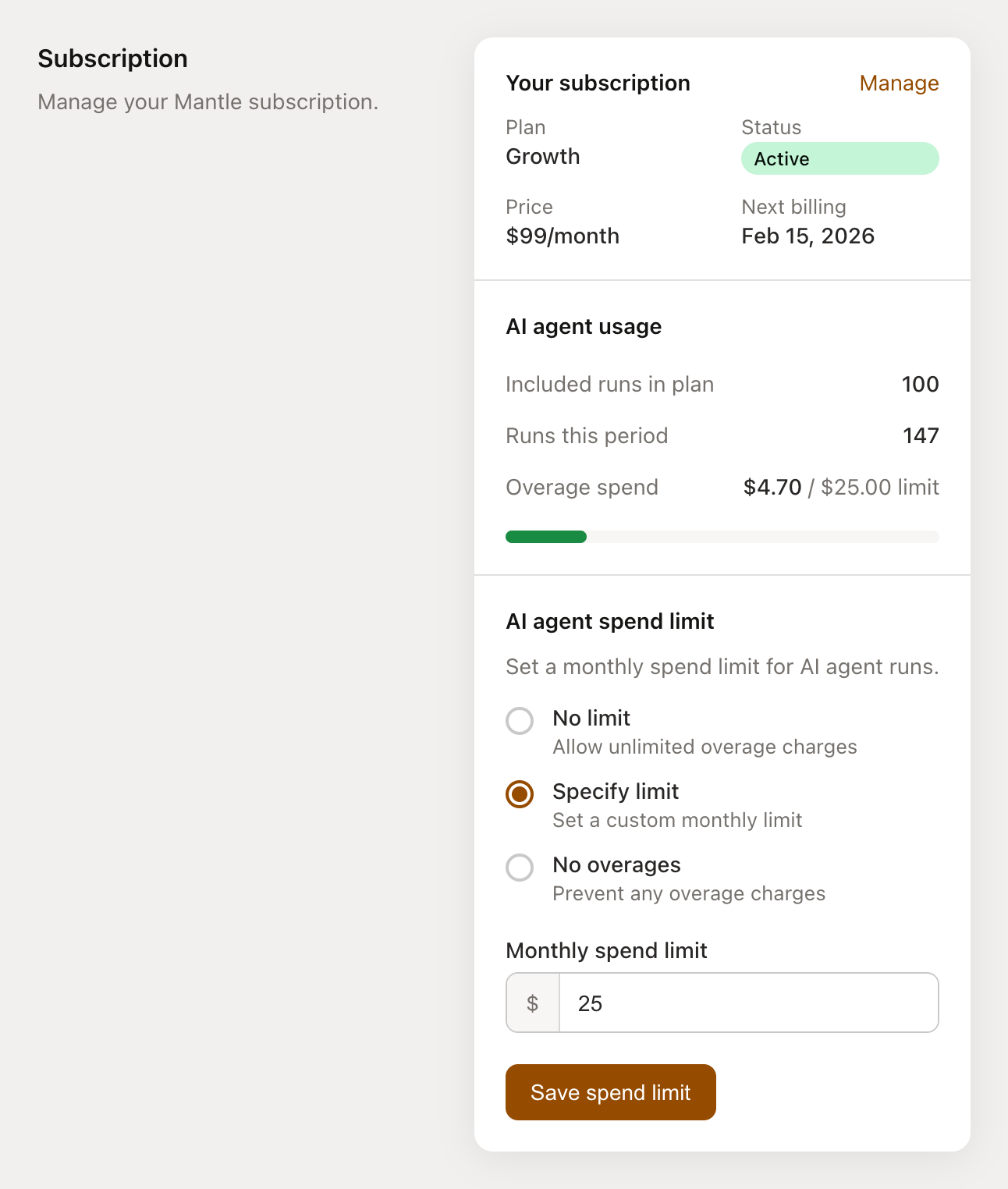 Complete billing page showing subscription and agent usage sections