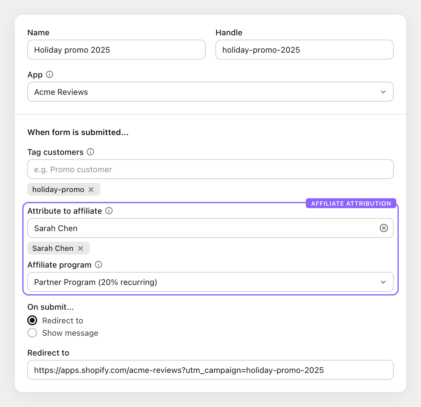 intake form editor showing affiliate attribution fields