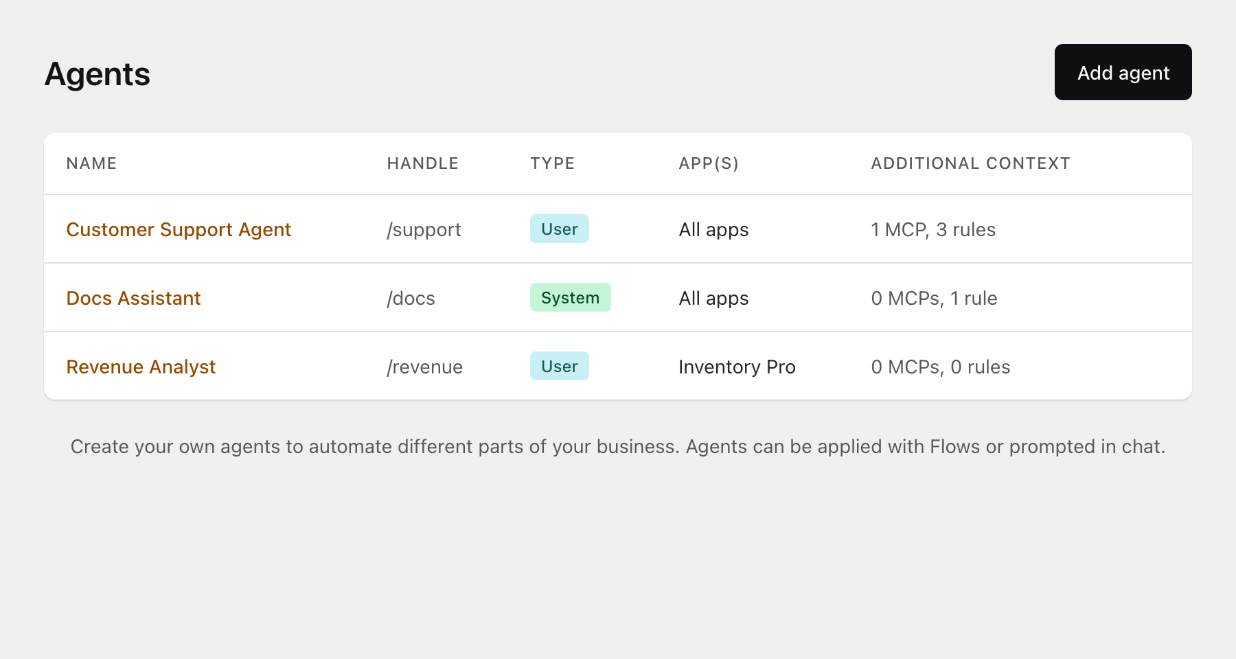 Agents page showing system agents
