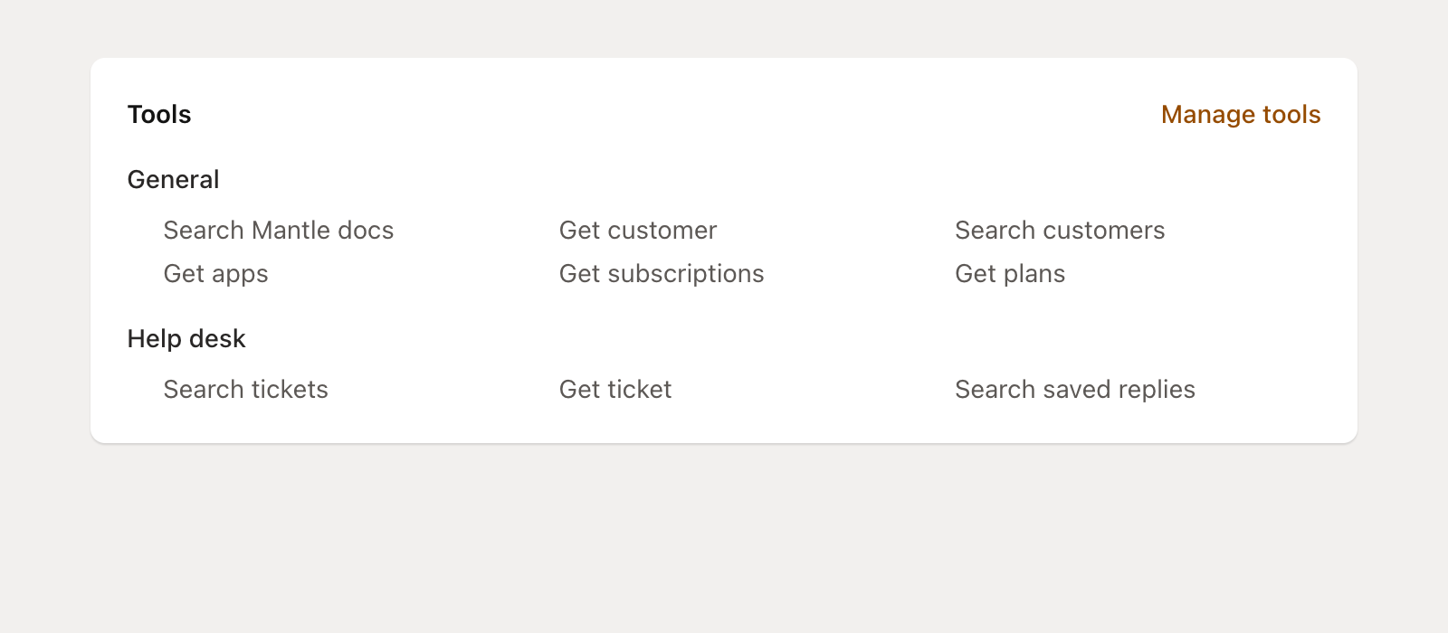 Tools section showing available tool categories