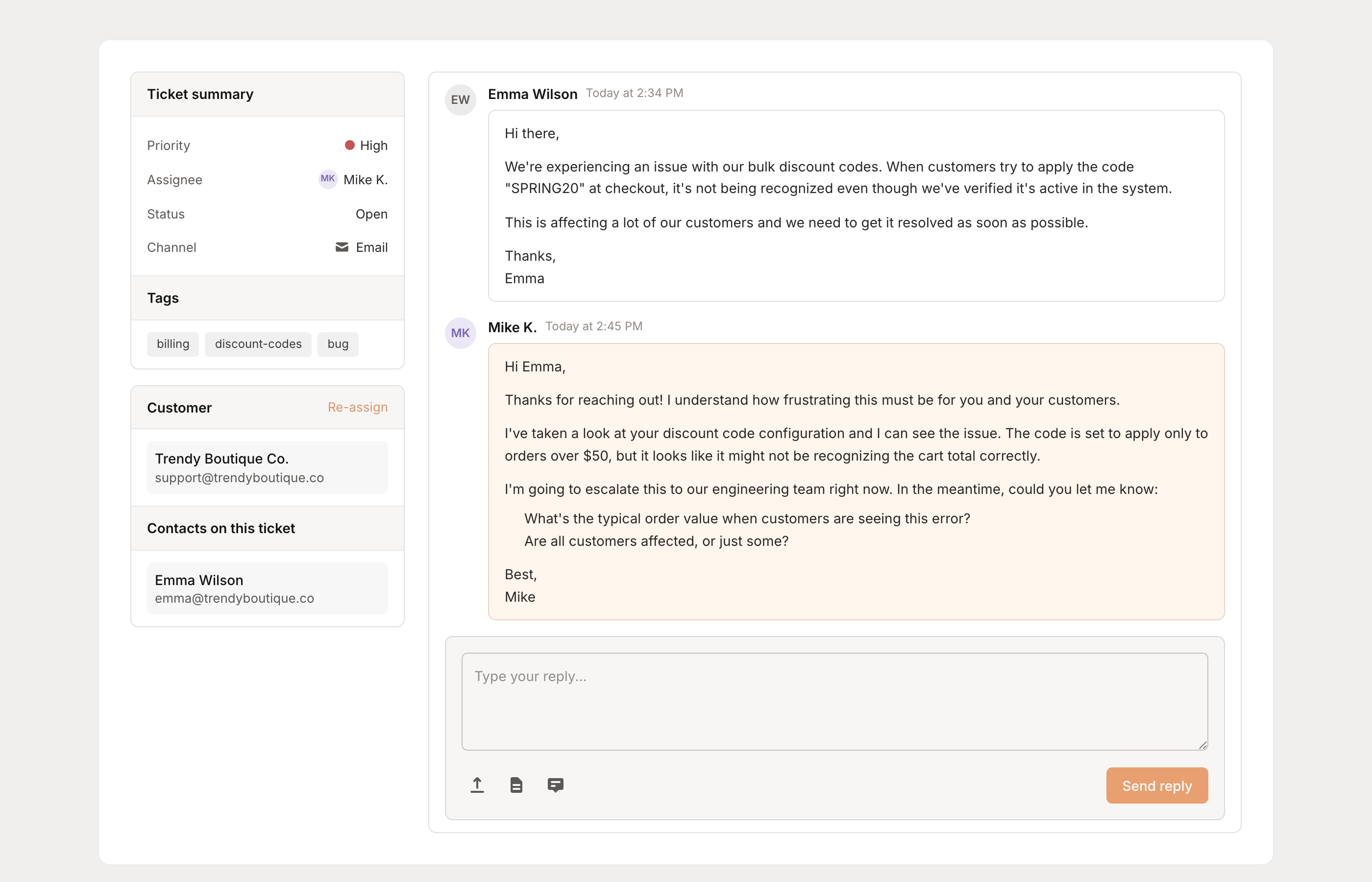 Ticket view with customer context sidebar