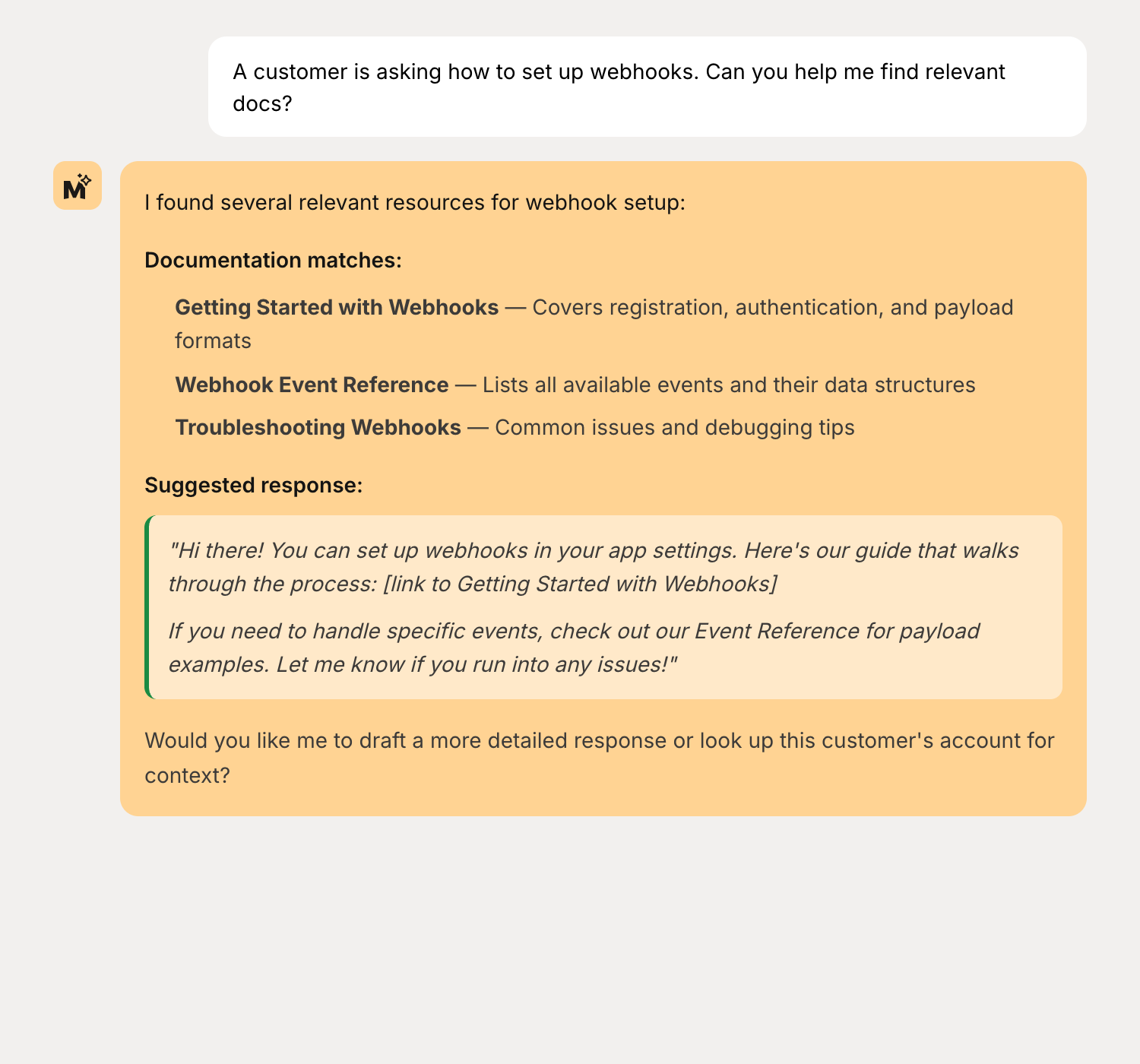 Support sidekick chat example searching docs