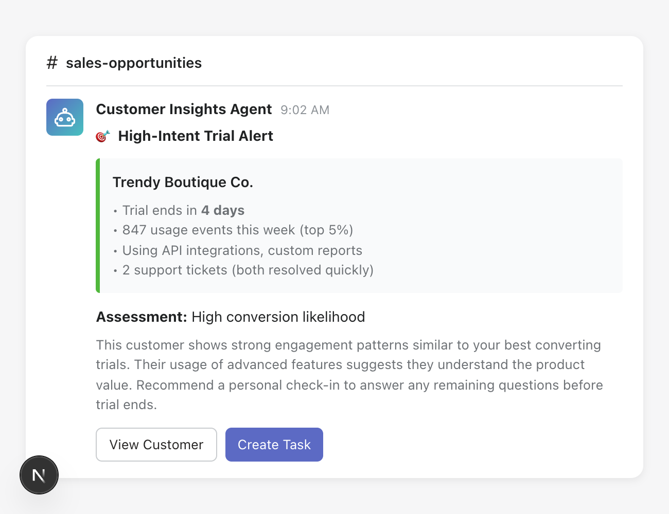Slack notification with high-intent trial alert