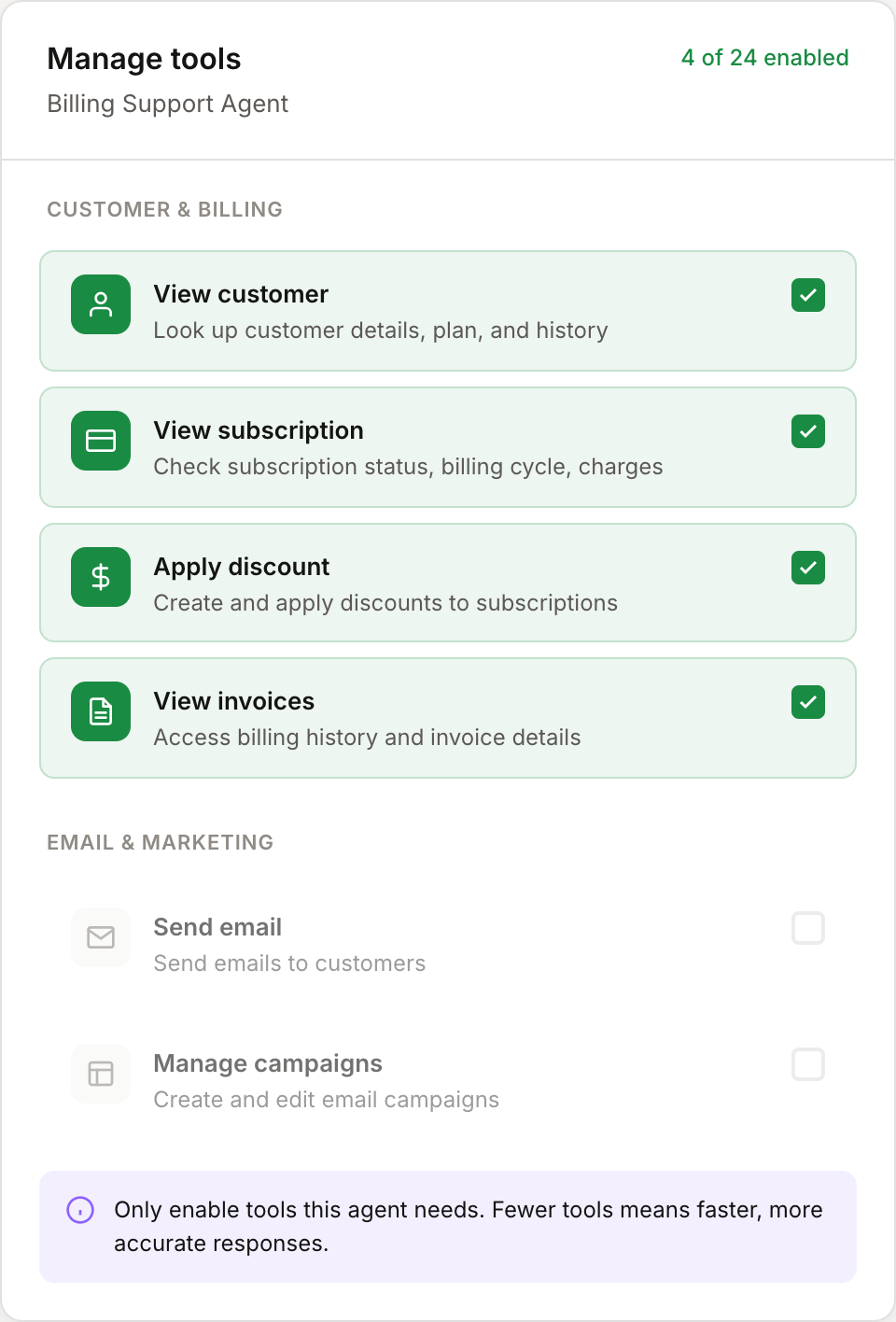 Tools selection showing a focused set of tools for a billing agent
