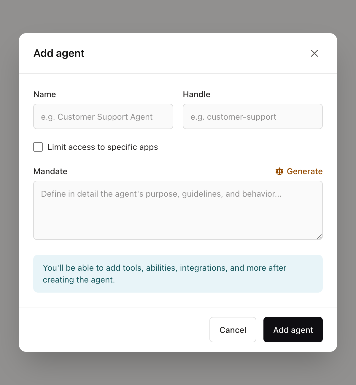 Add Agent modal showing name, handle, and mandate fields