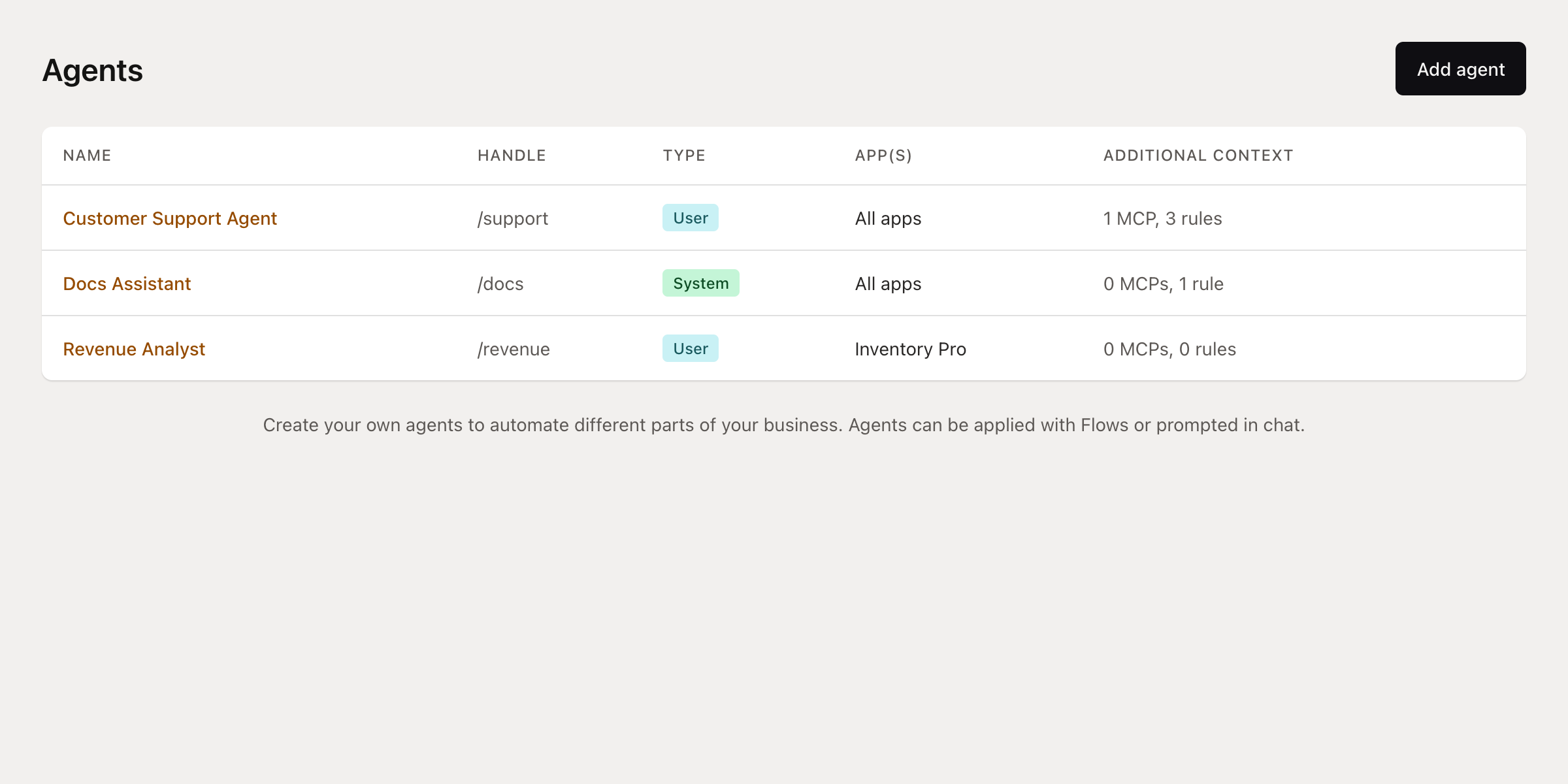 Agents list page in Mantle