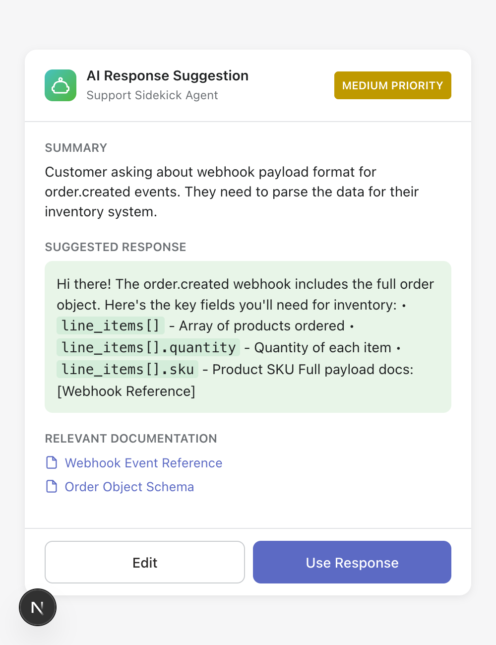 AI response suggestion with priority and relevant docs