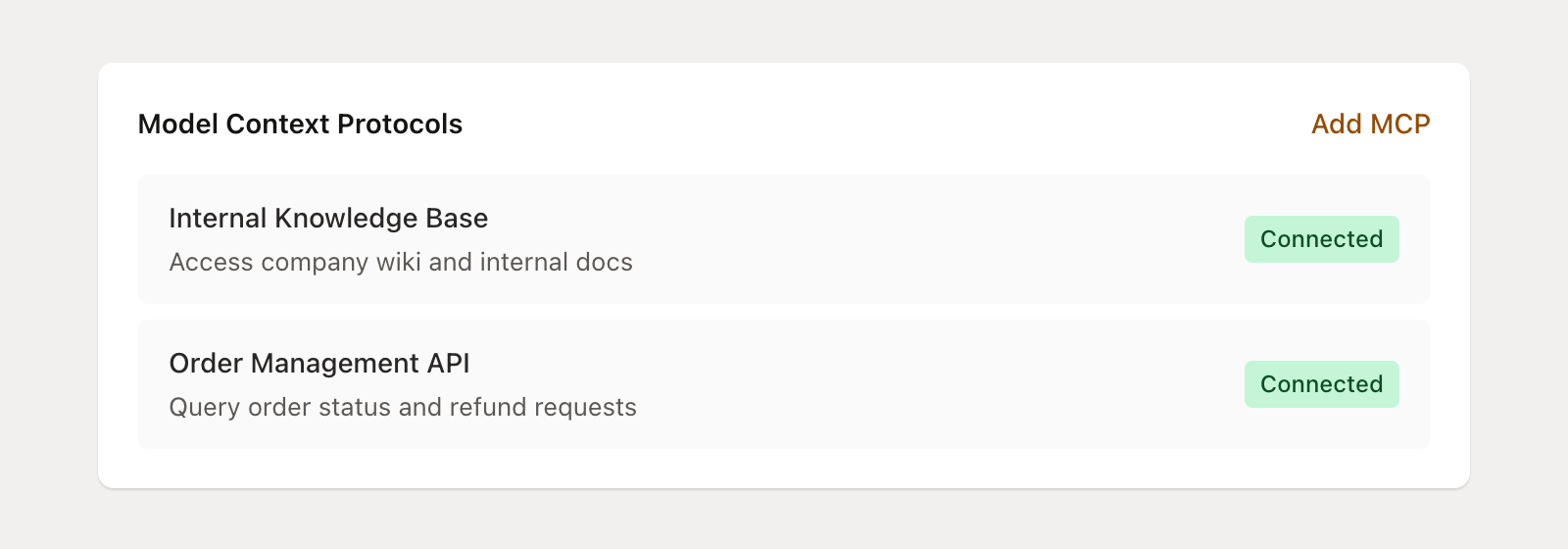 MCPs section showing connected Model Context Protocols