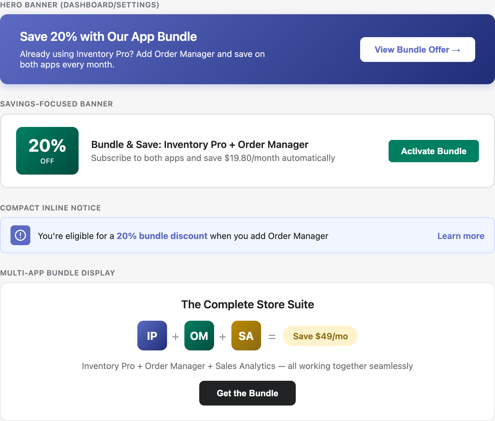 Four in-app banner styles for promoting bundles: Hero banner, Savings-focused, Compact inline, and Multi-app display