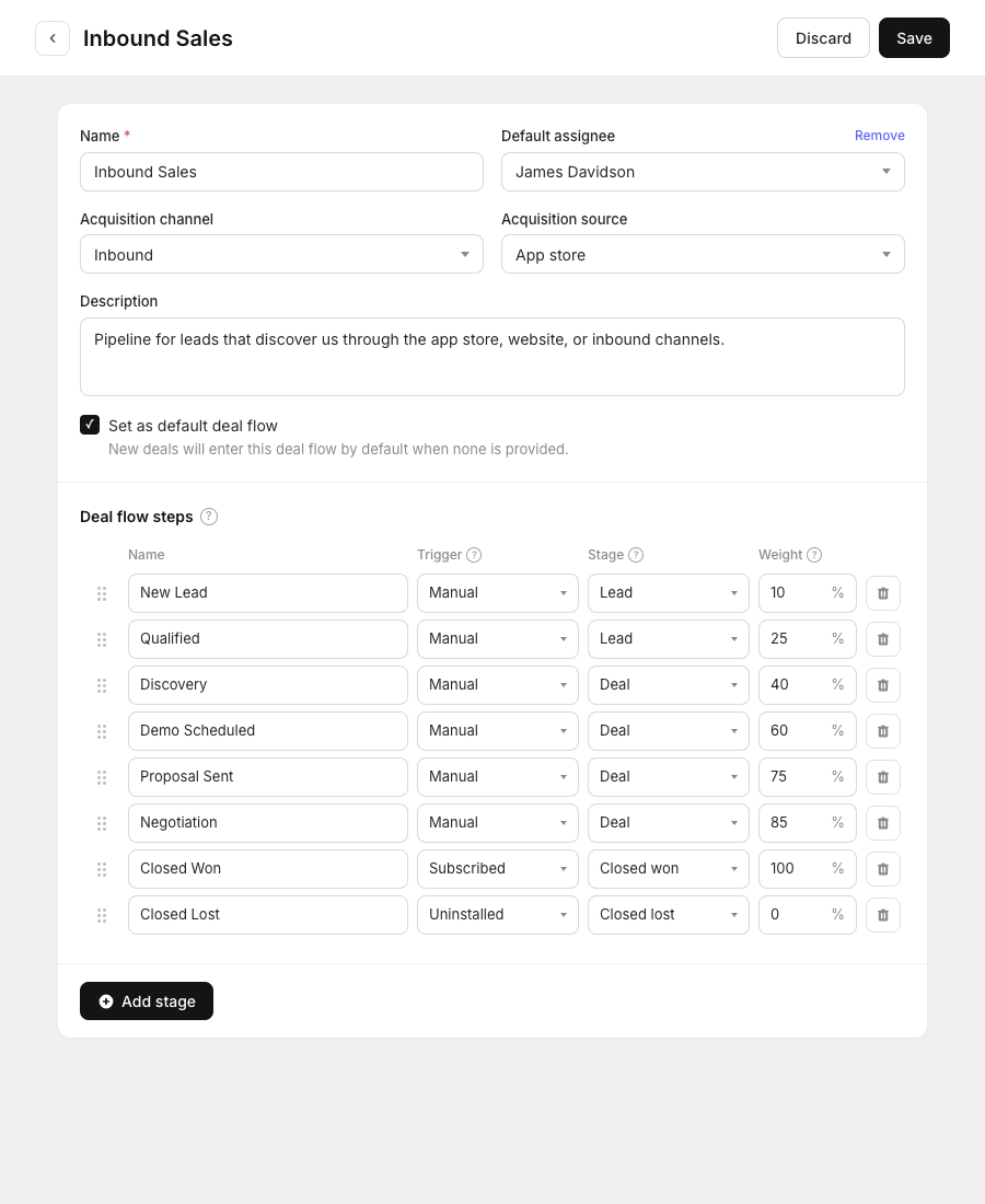 Deal flow editor showing stages and settings
