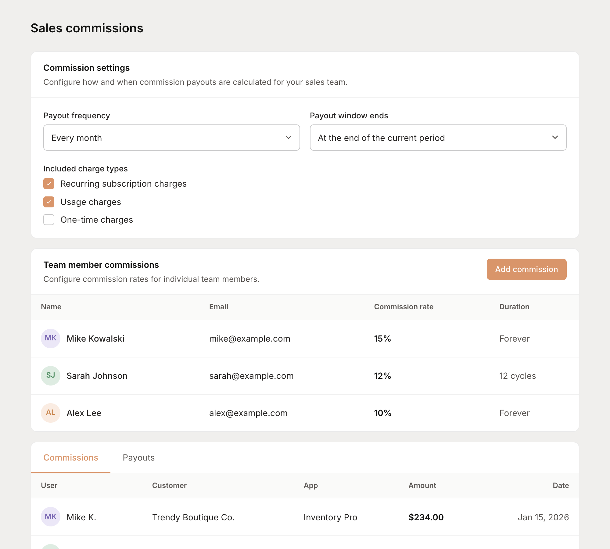 Commissions table showing team member rates and earnings