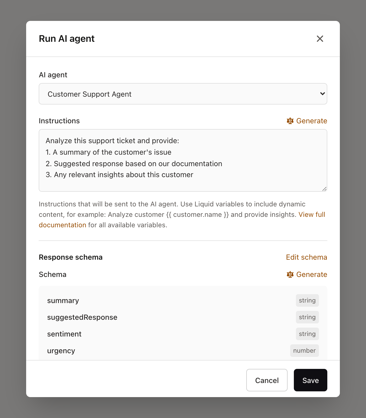 Run AI Agent action modal showing agent selection, instructions, and response schema