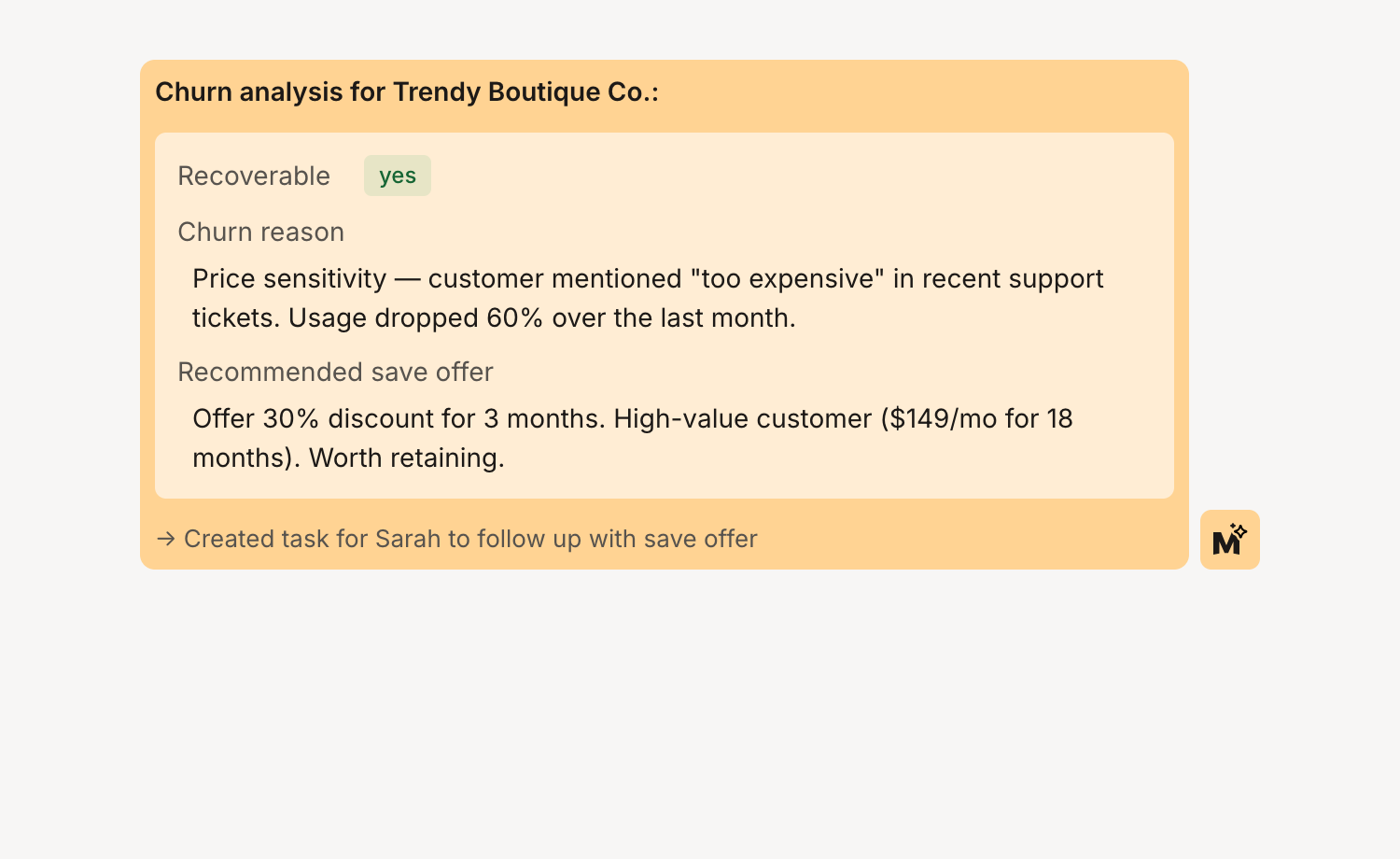 Churn prevention analysis in Mantle chat