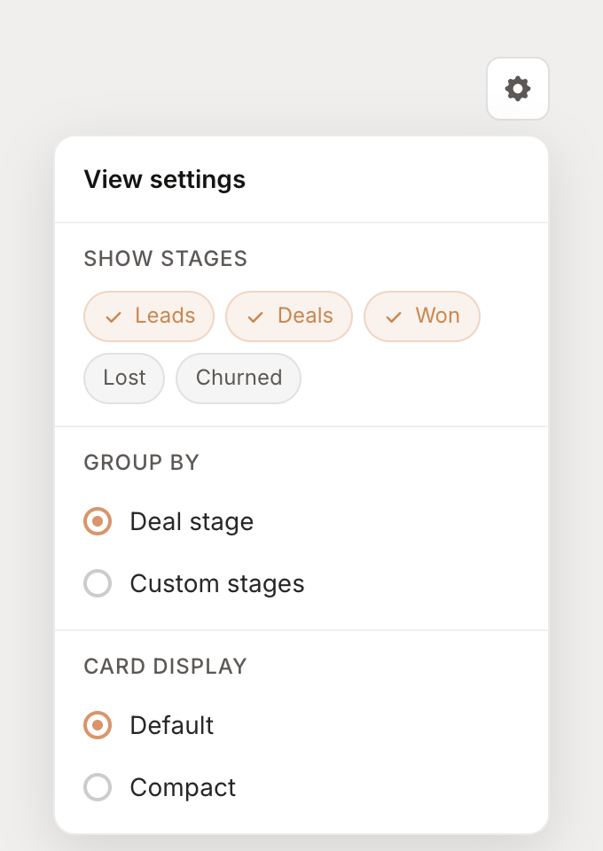 Pipeline view settings panel