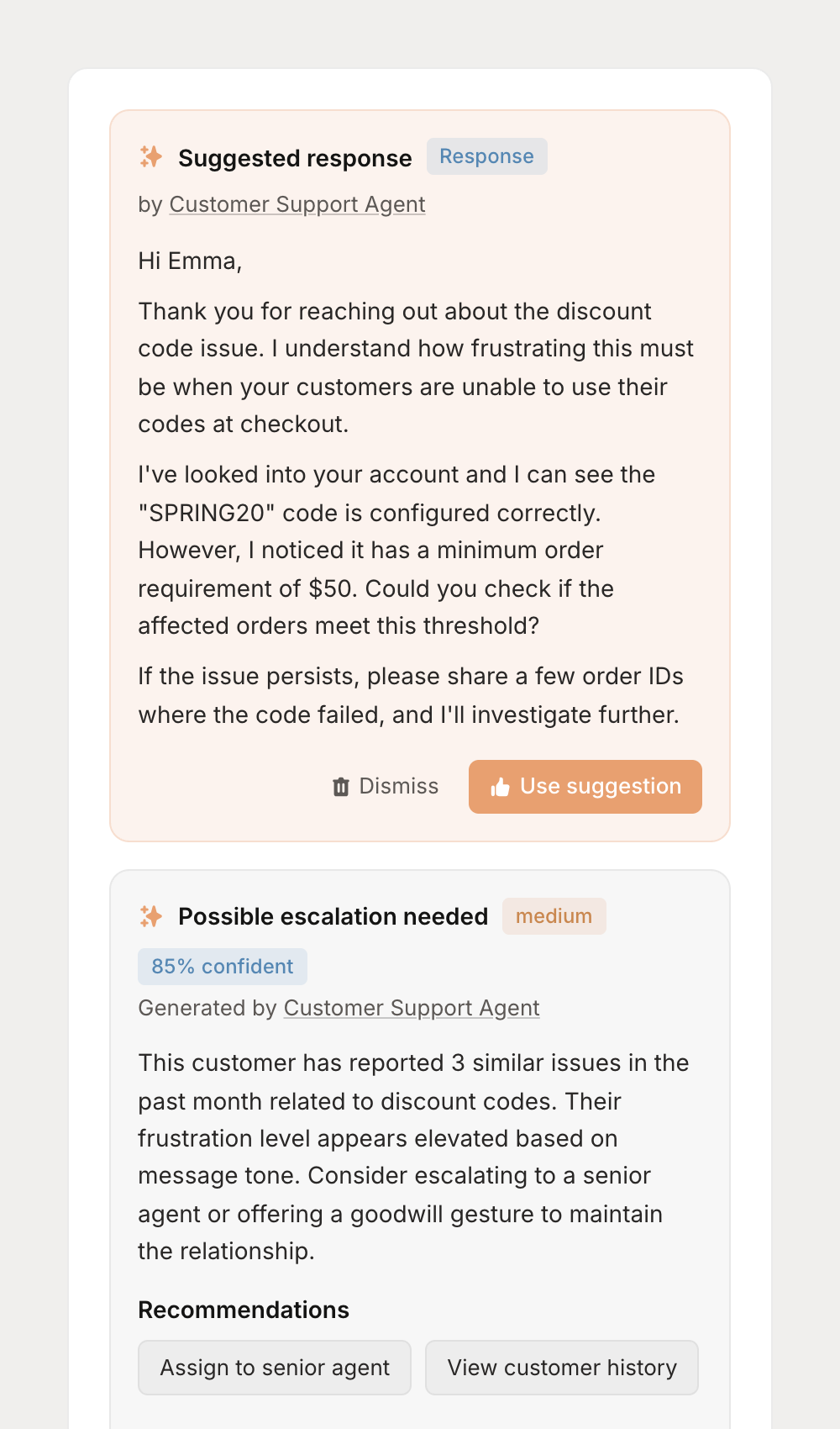 AI suggestions panel with draft response and escalation alert