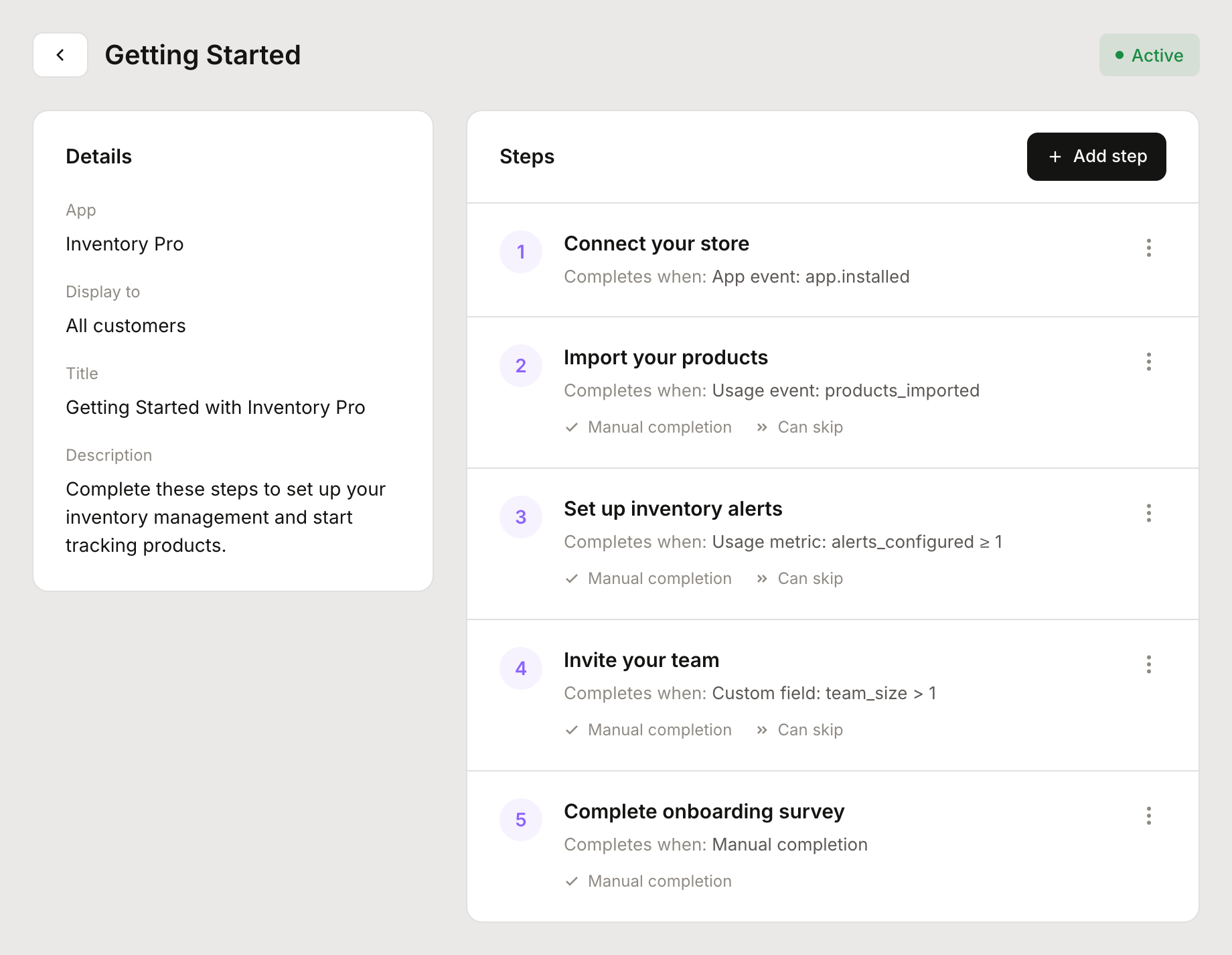 Checklist editor showing steps with completion conditions