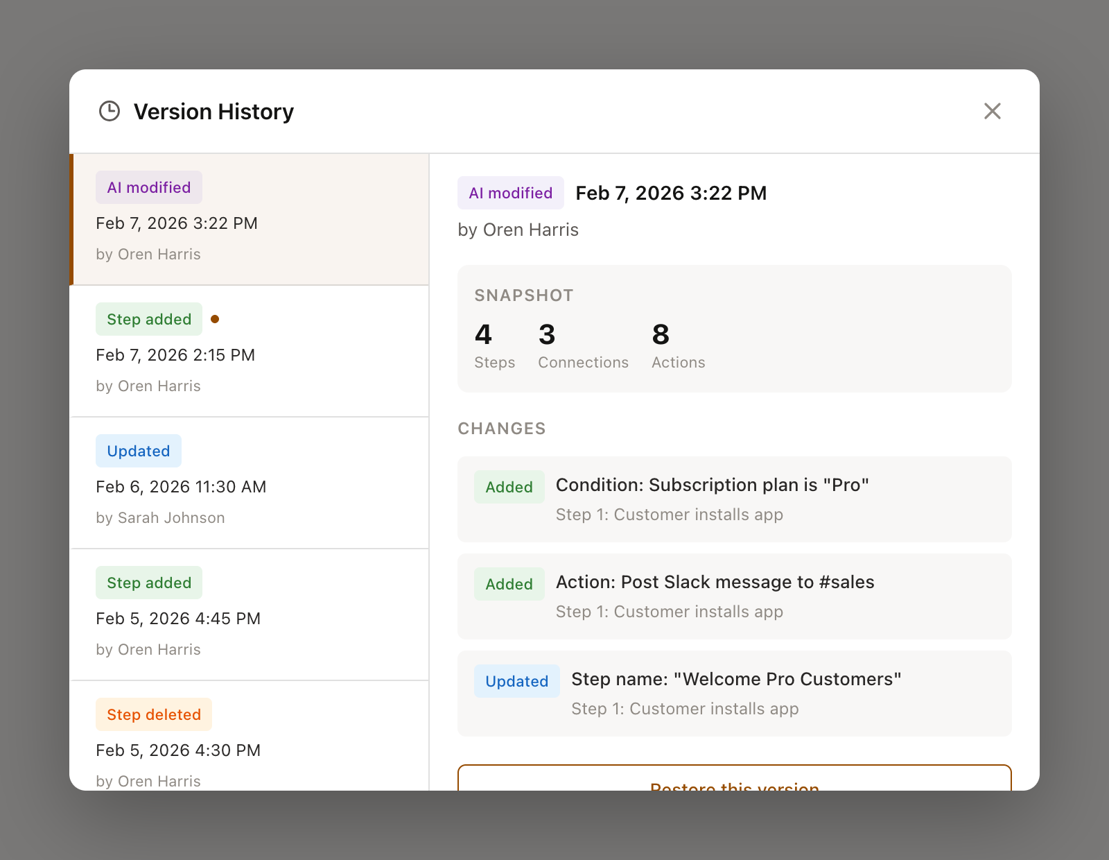 Version history modal with version list and change details