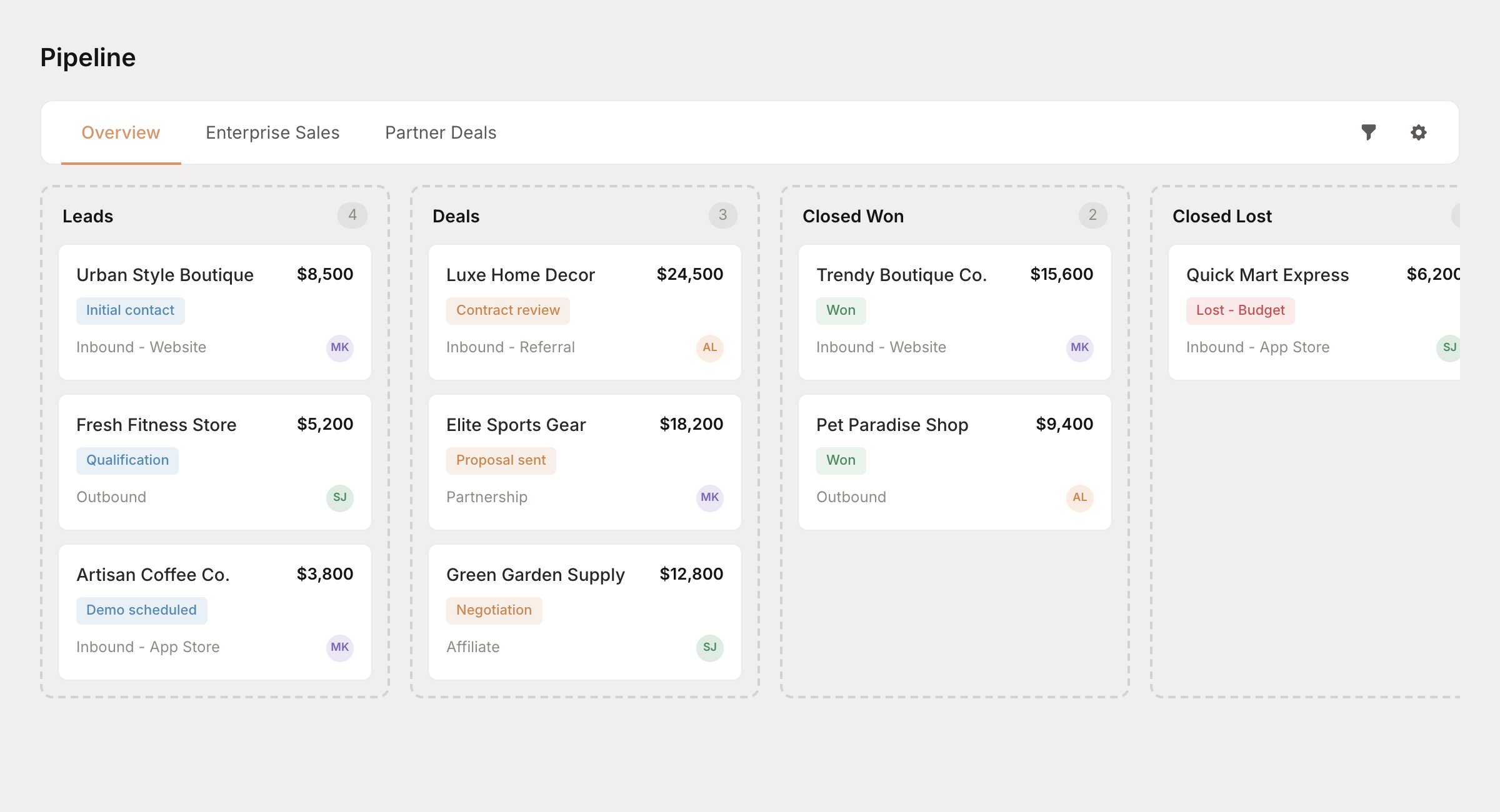 Pipeline board showing deals organized in columns by stage