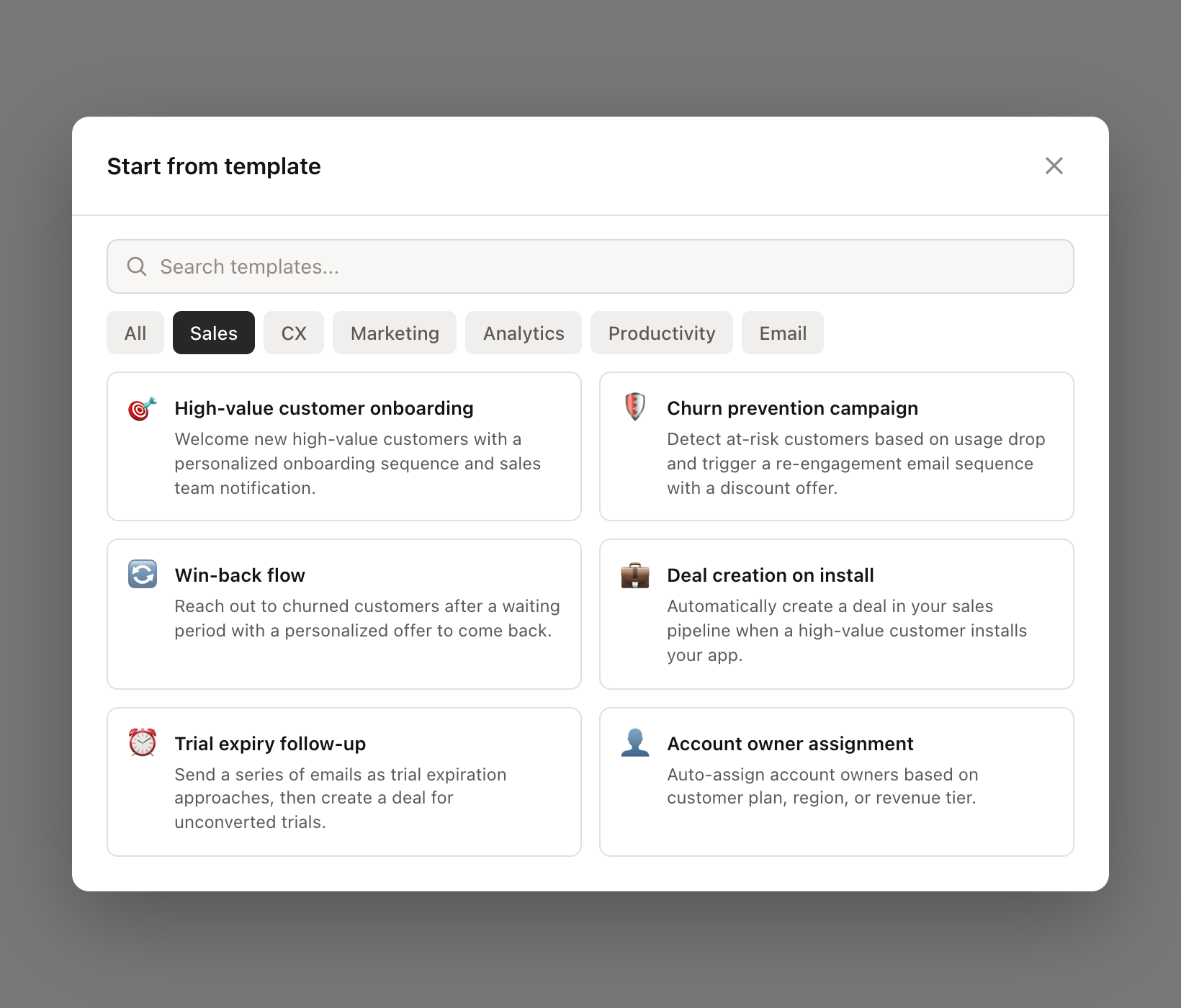 Flow template browser with category tabs and template grid