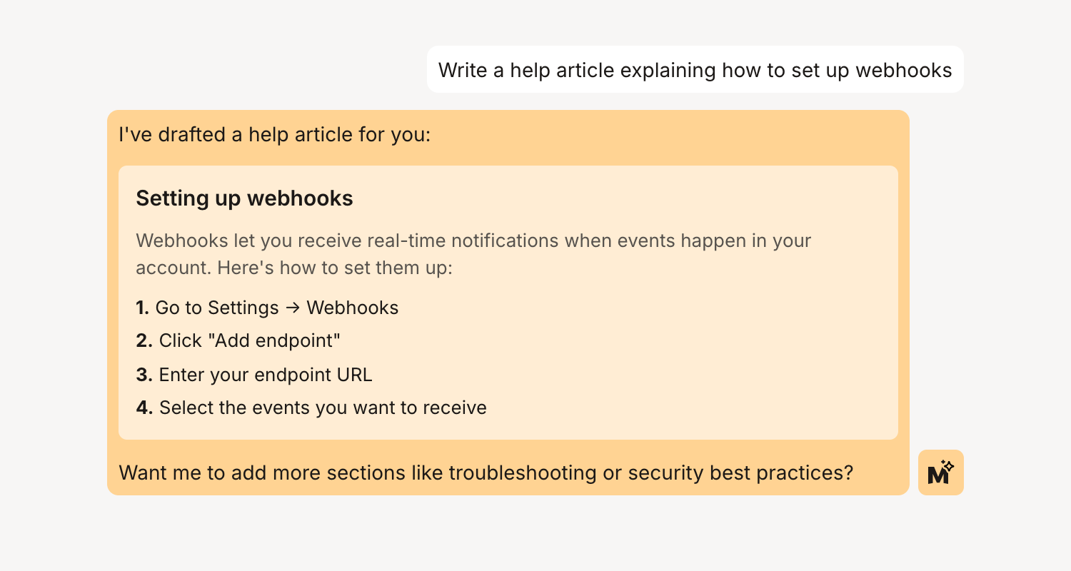 Content writer chat example drafting a help article