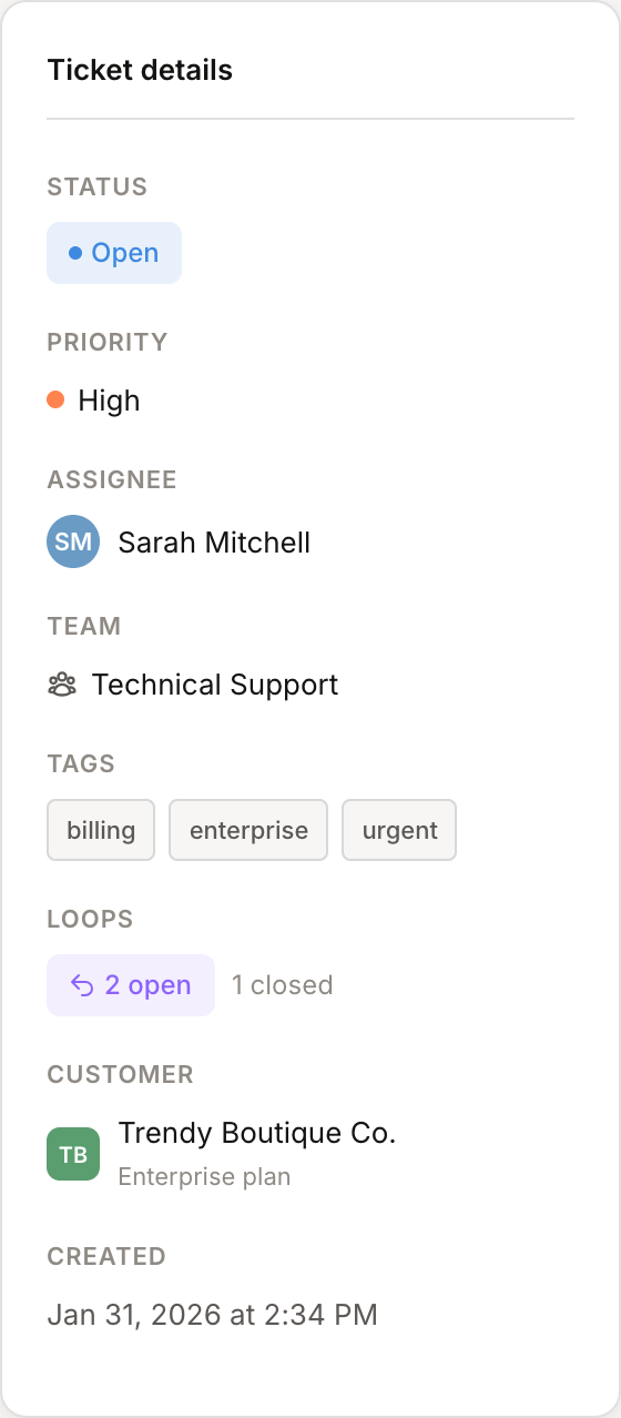 Ticket sidebar showing status, priority, assignee, team, tags, and loops