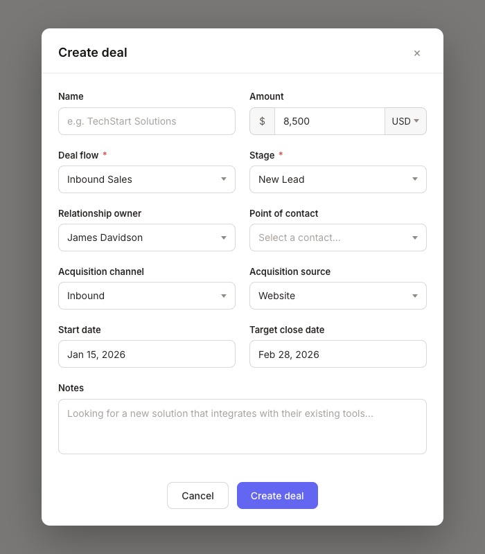 Create deal modal showing form fields