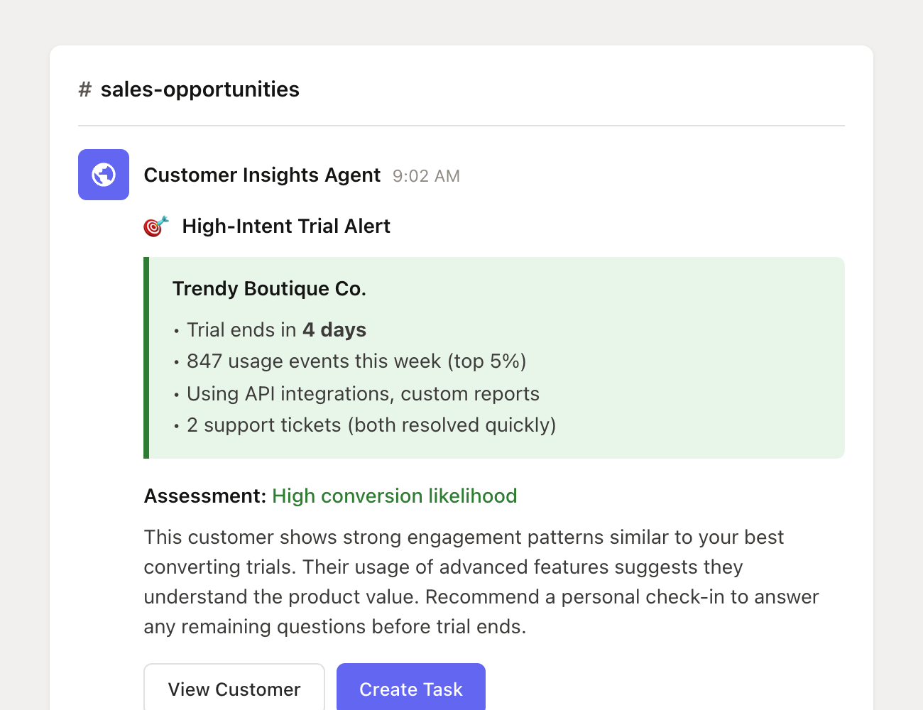 Slack notification with high-intent trial alert