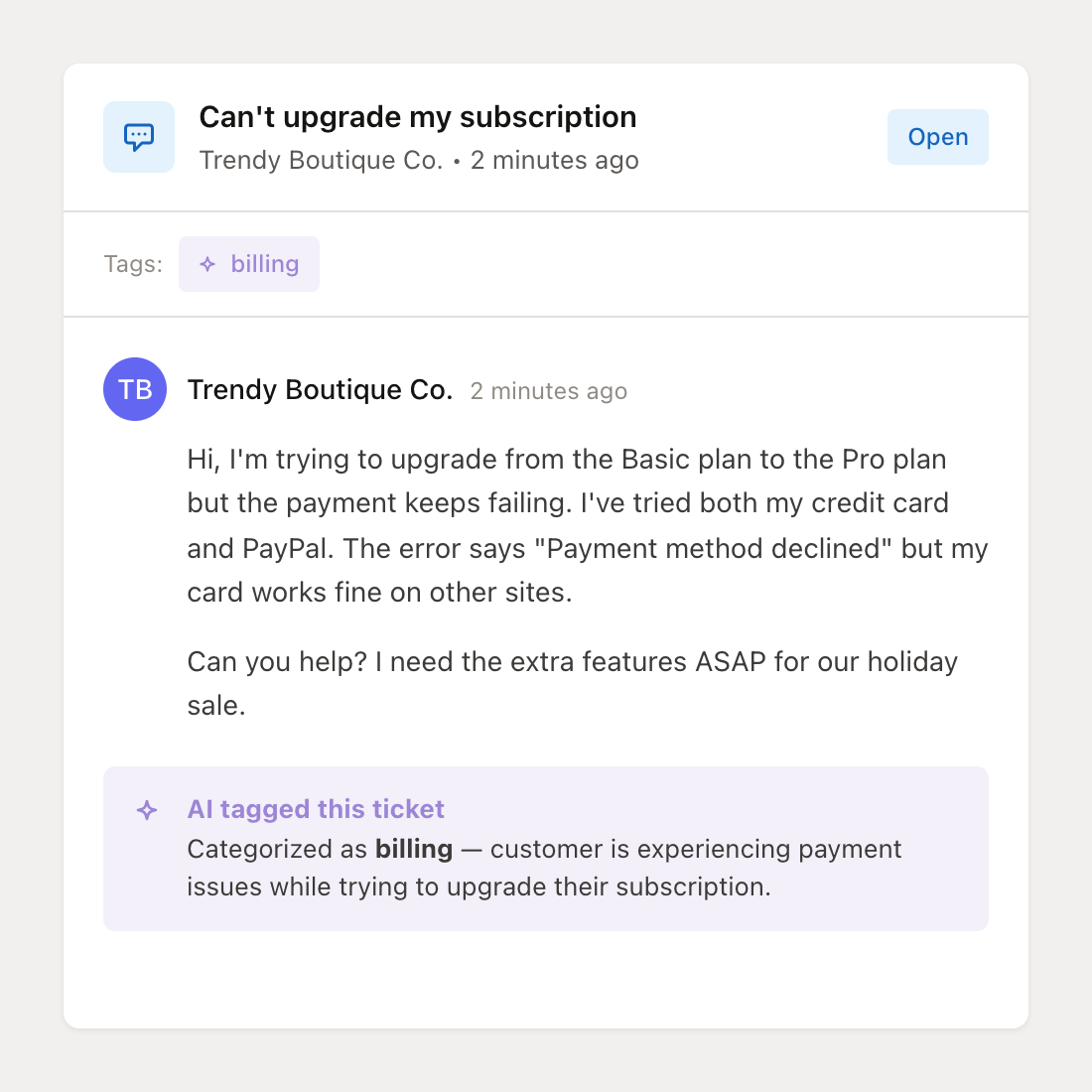 Ticket with AI-applied billing tag