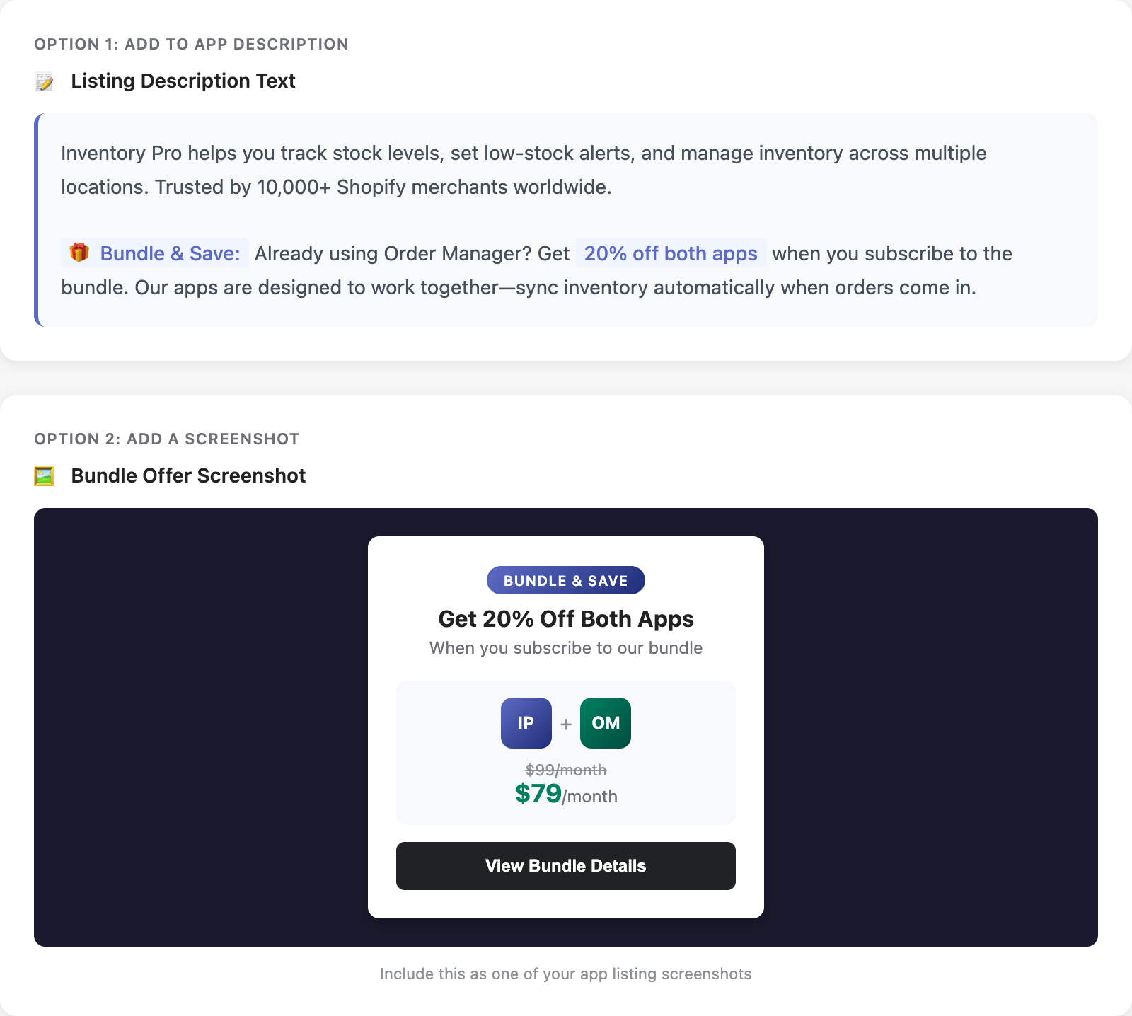 Two ways to promote bundles in your app listing: description text and a dedicated screenshot