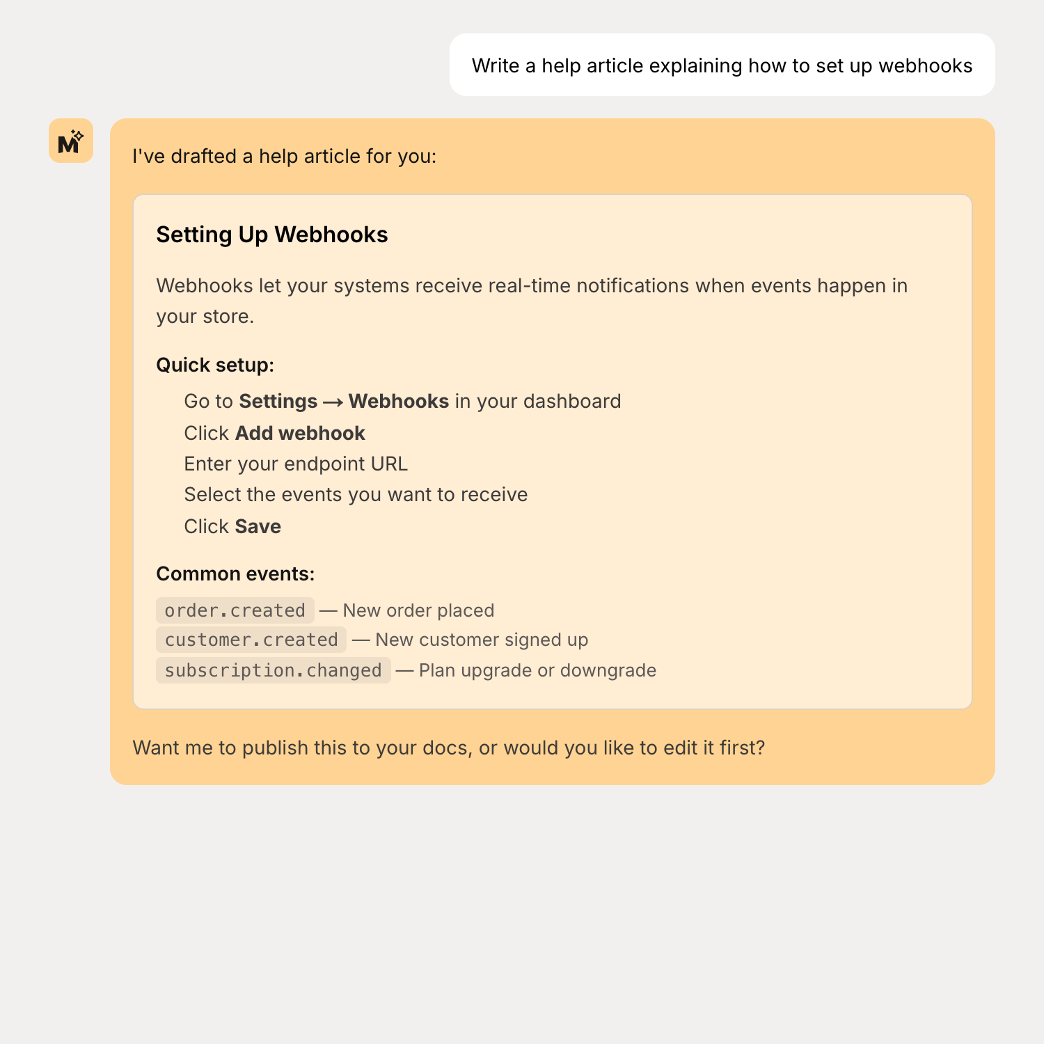 Content writer chat example drafting a help article