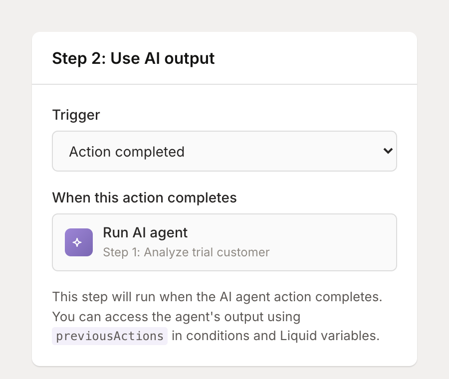 Action completed trigger configuration showing how to select the AI agent action from Step 1
