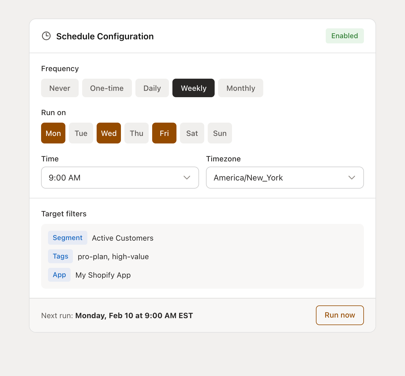 Schedule configuration with frequency, time, timezone, and target filters