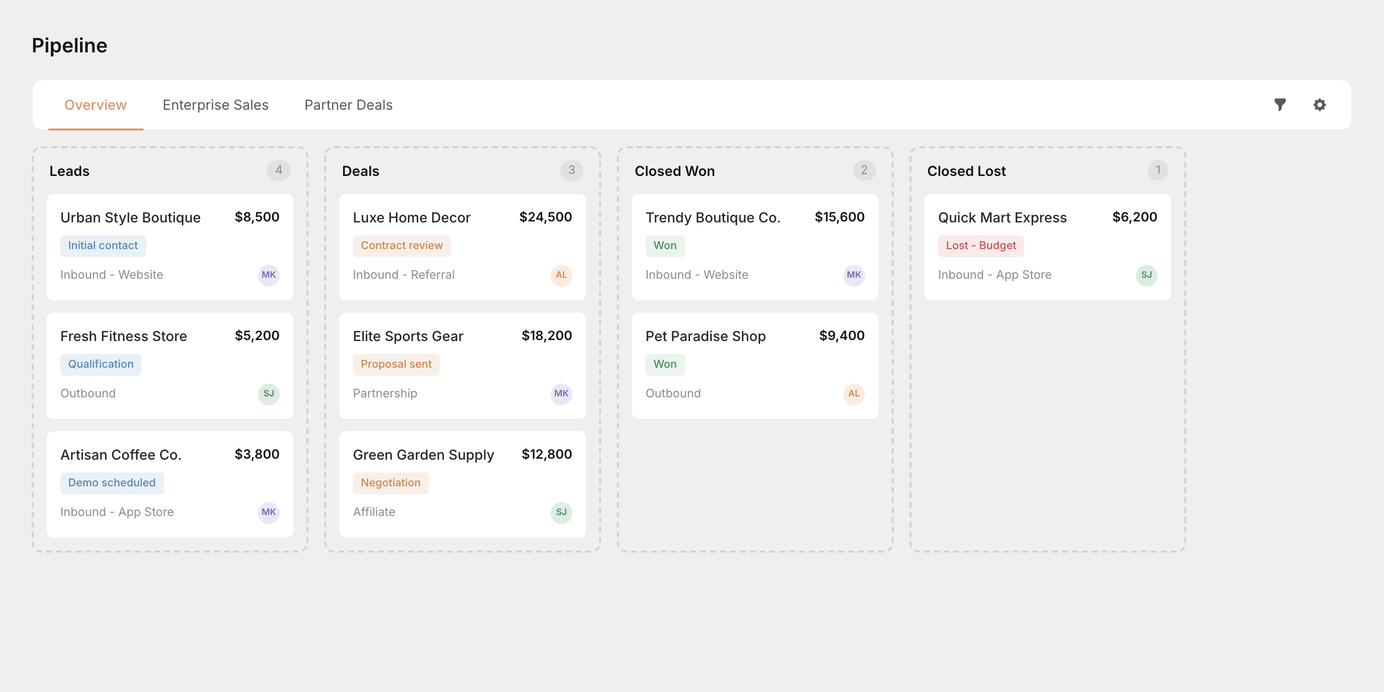 Sales pipeline kanban board with deals organized by stage