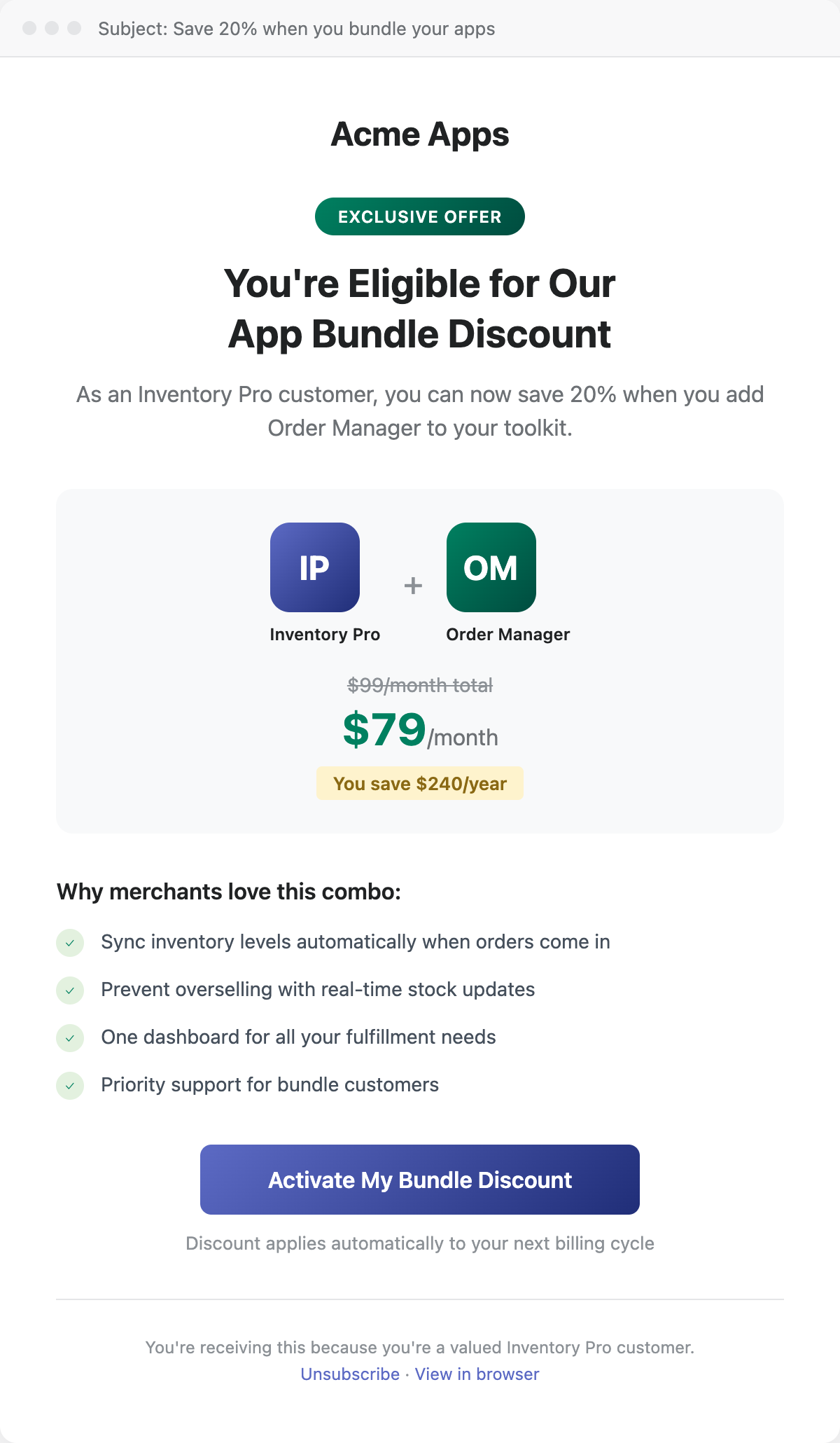 Email campaign template for bundle announcement with hero section, bundle visual, benefits list, and CTA
