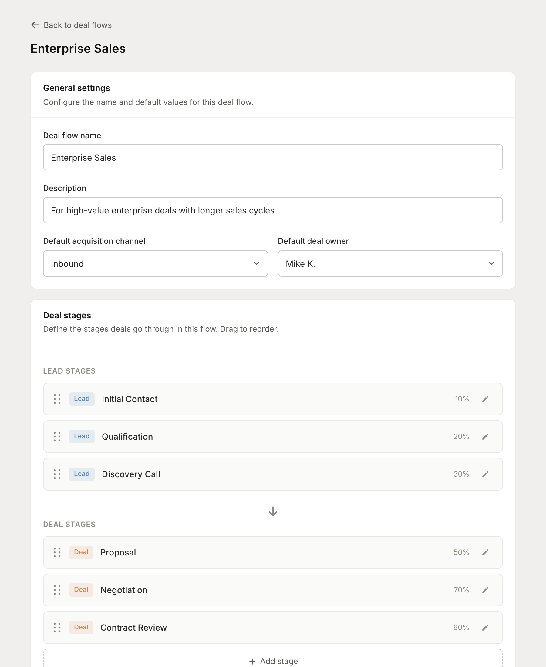 Deal flow editor showing customizable stages