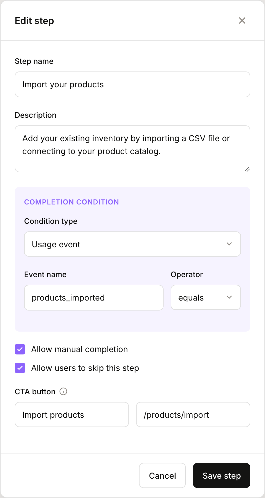 Step configuration showing completion condition options