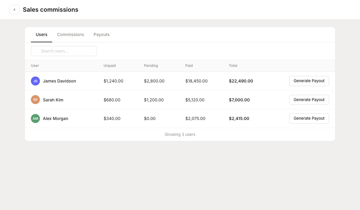 Commissions dashboard showing earnings and pending payouts
