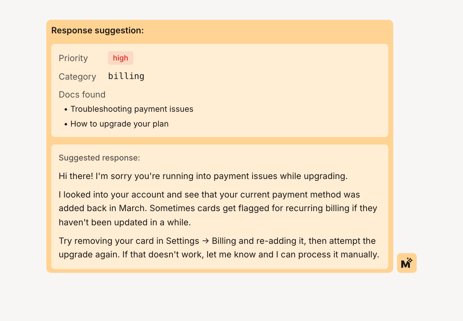 Agent response suggestion in Mantle chat