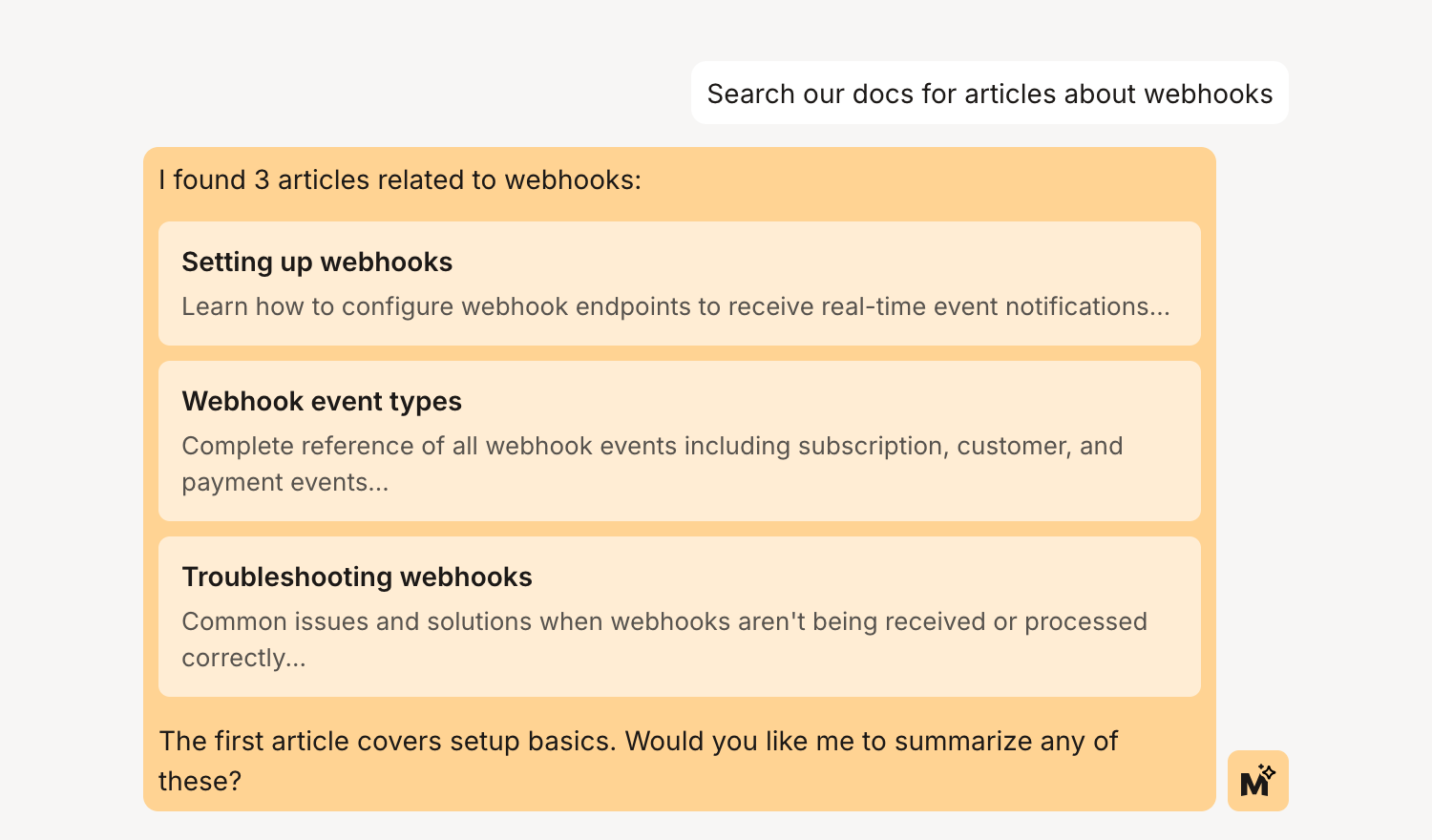 Support sidekick chat example searching docs