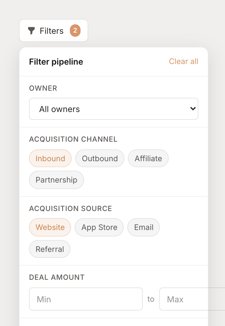 Pipeline filter panel showing available filter options