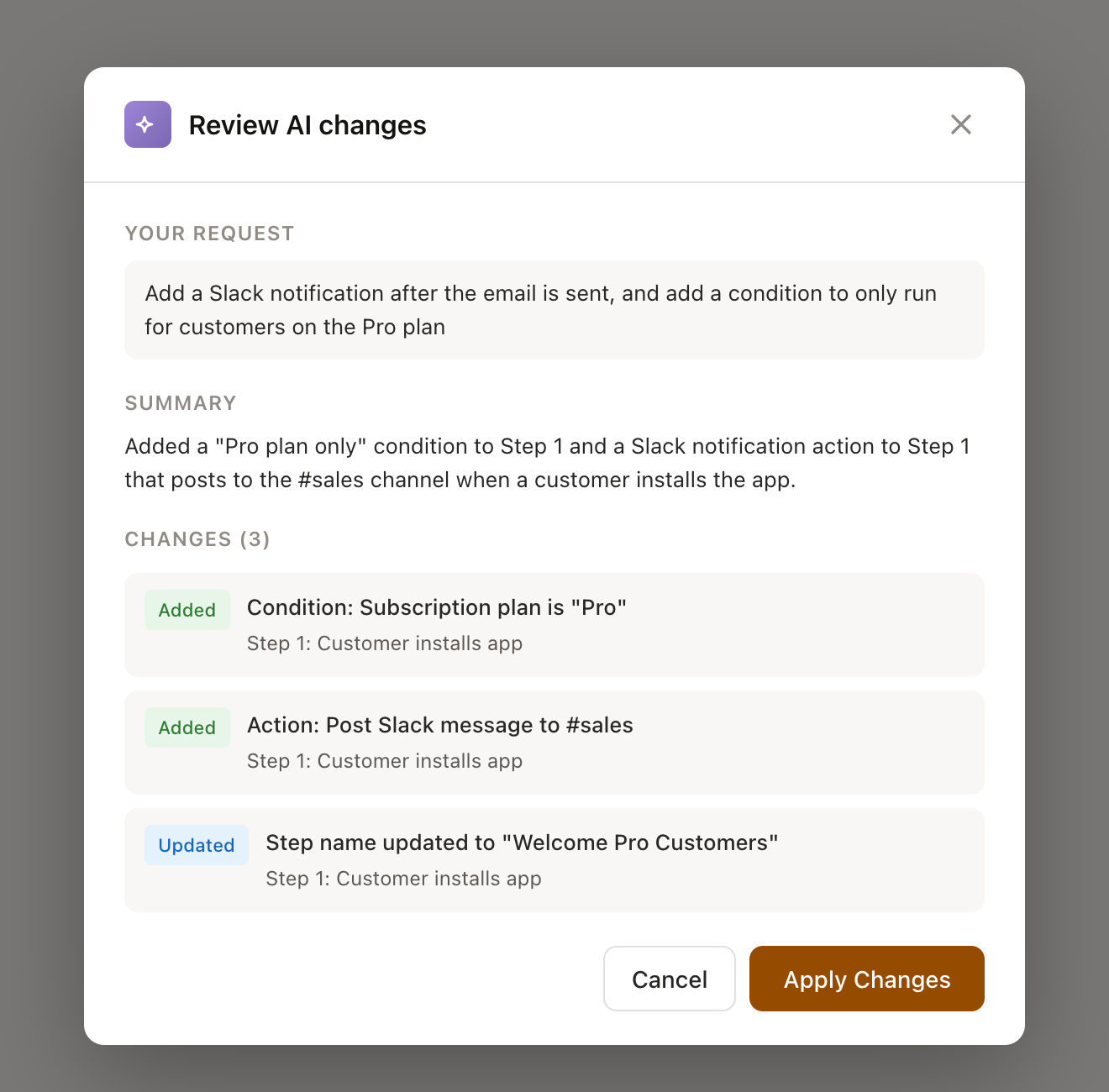 Review AI changes modal