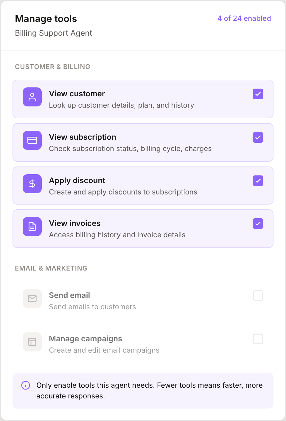 Tools selection showing a focused set of tools for a billing agent