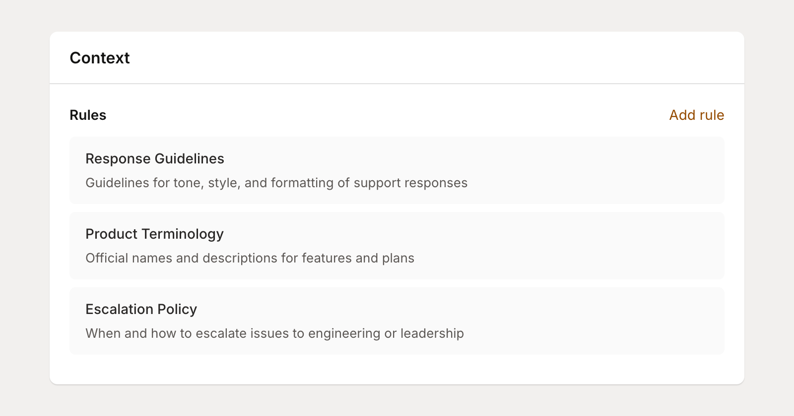 Rules section showing custom context files